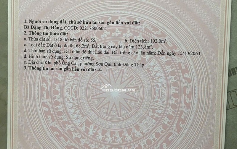 Bán đất xã Tân Trung, Thị xã Gò Công, Tiền Giang, Chính chủ, DT 192m², Giá 1,8tỷ