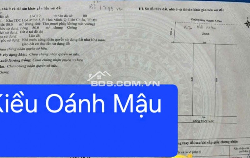 Bán đất đường KIỀU OÁNH MẬU - Đường 7,5m thông thoáng