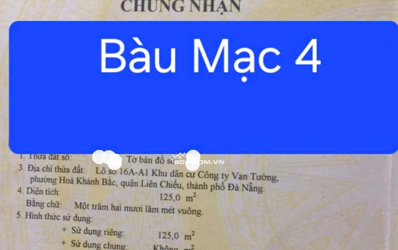 Bán đất đường Bàu Mạc 4 - Gần biển thoáng mát-DTĐ: 125m2 (5x25)m