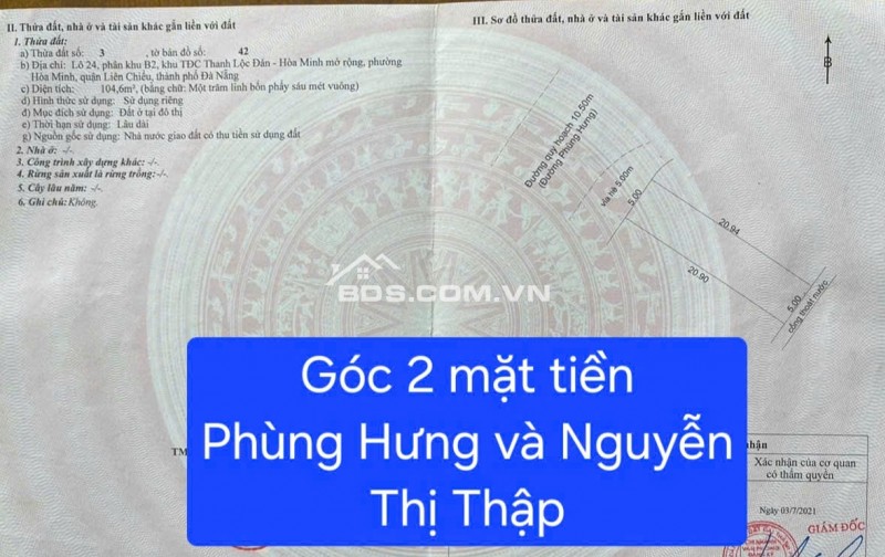 HÀNG HIẾM - Bán đất lô góc 2 MT đường Phùng Hưng và Nguyễn Thị Thập