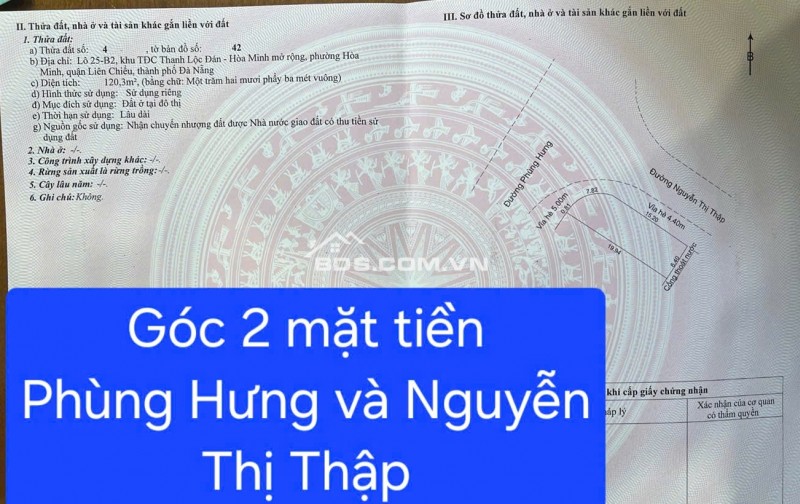 HÀNG HIẾM - Bán đất lô góc 2 MT đường Phùng Hưng và Nguyễn Thị Thập