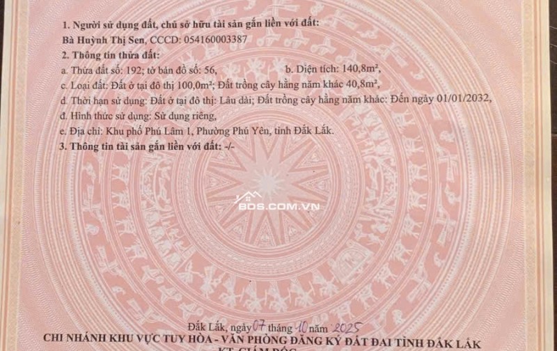 Chính chủ Bán 140,8m2 Đất Tại Trấn Rến, Khu Phố Phú Lâm 1, Phường Phú Yên, Đắk Lắk