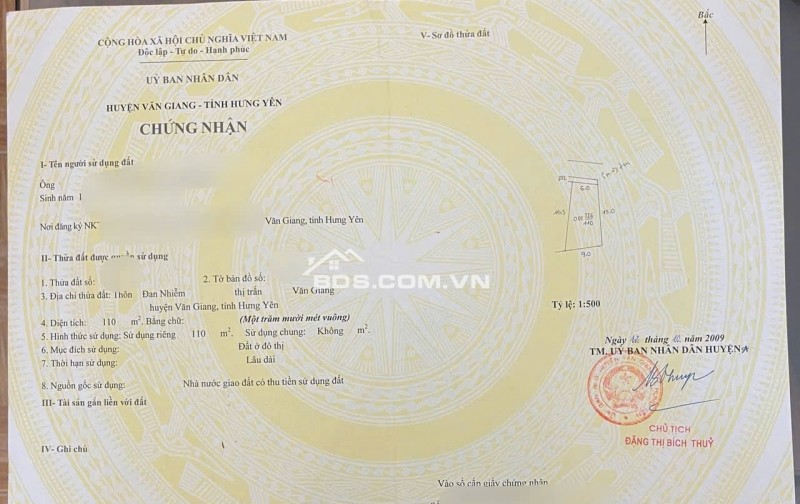 Chinh chủ gủi bán 110m Đan Nhiễm giá 7x tr/m Lh:0969616225