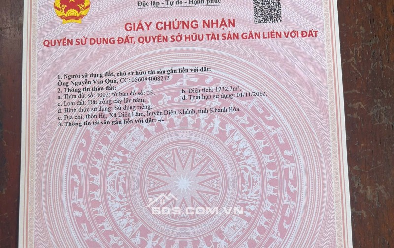 BÁN ĐẤT VƯỜN, DIÊN LÂM, DIÊN KHÁNH, MT TỈNH LỘ 8, 1232M2, GIÁ DƯỚI 2 TỶ