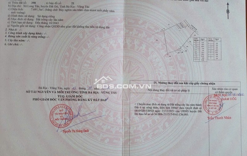 BÁN 7691.5 M² ĐẤT XÃ LONG TÂN, ĐẤT ĐỎ GIÁ 3 TỶ / SÀO. LH:0938677702.