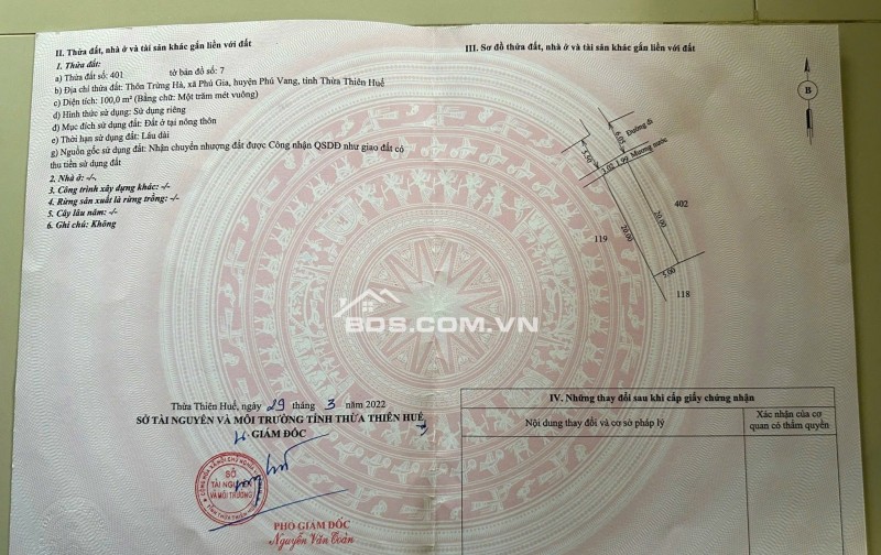 Bán đất tại Phú Gia, Xã Phú Vang, Thành Phố Huế DT: 100 m2 SHR: 620tr. LH: 0906529275