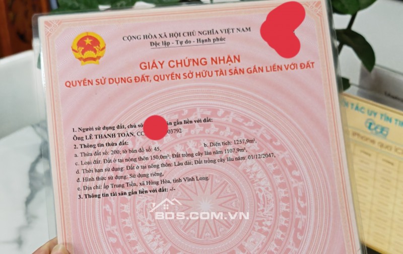 Cần bán 1.258m , mặt tiền ngang 12m dài 110m, có 150thỗ cư