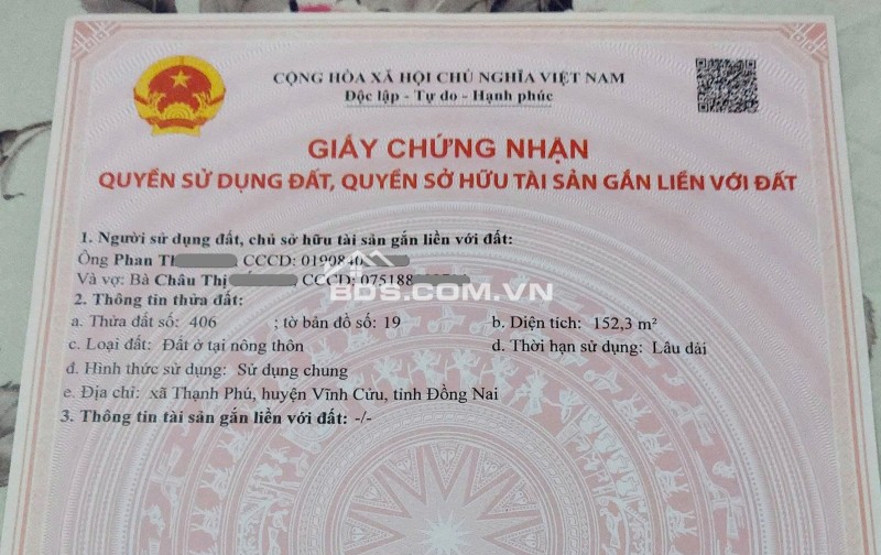 Bán đất Khu dân cư Thạnh Phú, Vĩnh Cửu, Đồng Nai, DT 152m2, giá đầu tư