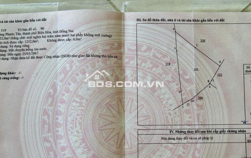 BÁN 3300M2 ĐẤT TẠI PHƯỚC TÂN - TP BIÊN HOÀ. SHR. 33 TỶ. LH:0933449988.