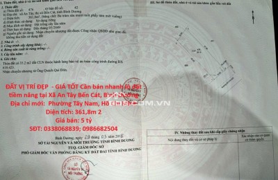 ĐẤT VỊ TRÍ ĐẸP  - GIÁ TỐT Cần bán nhanh lô đất tiềm năng tại Xã An Tây Bến Cát, Bình Dương