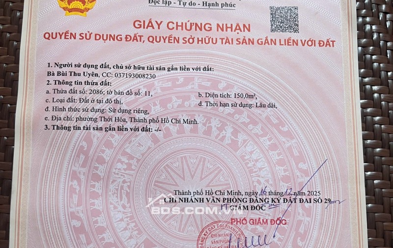 CHÍNH CHỦ CẦN BÁN ĐẤT THỔ CƯ - PHƯỜNG THỚI HÒA, TP. HỒ CHÍ MINH