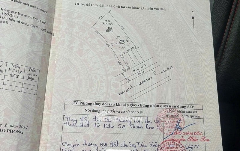 Chính chủ bán mảnh đất 1950m2 trung tâm phố huyện bậc nhất TT Cao Phong - đối diện chợ Cp