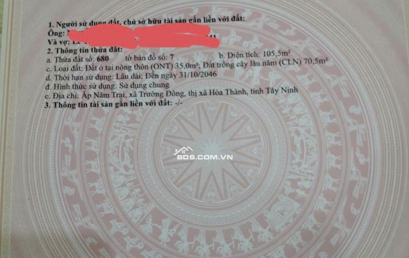 CHÍNH CHỦ CẦN BÁN Ạ. Lô Đất SỔ RIÊNG NGAY Trường Đông, Hòa Thành, tỉnh Tây Ninh