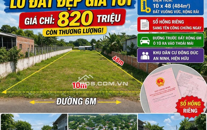  CẦN BÁN GẤP LÔ ĐẤT 484M² – GIÁ CHỈ 820 TRIỆU tại phường An Tịnh, TX. Trảng Bàng 