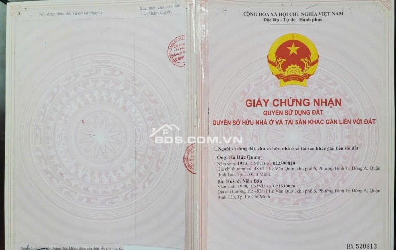 NHÀ VÀ ĐẤT TẠI P.BÌNH TRỊ ĐÔNG A - DT 126M2 - SHR - 8.5 TỶ TL. LH:0932688139