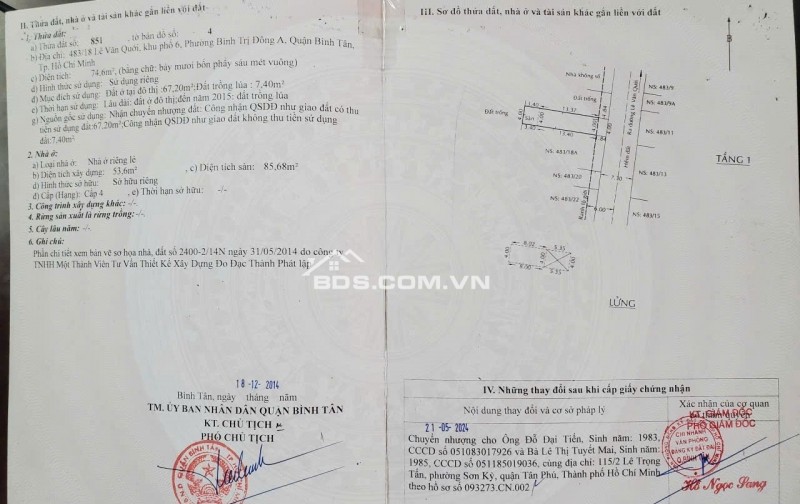 NHÀ VÀ ĐẤT TẠI P.BÌNH TRỊ ĐÔNG A - DT 126M2 - SHR - 8.5 TỶ TL. LH:0932688139