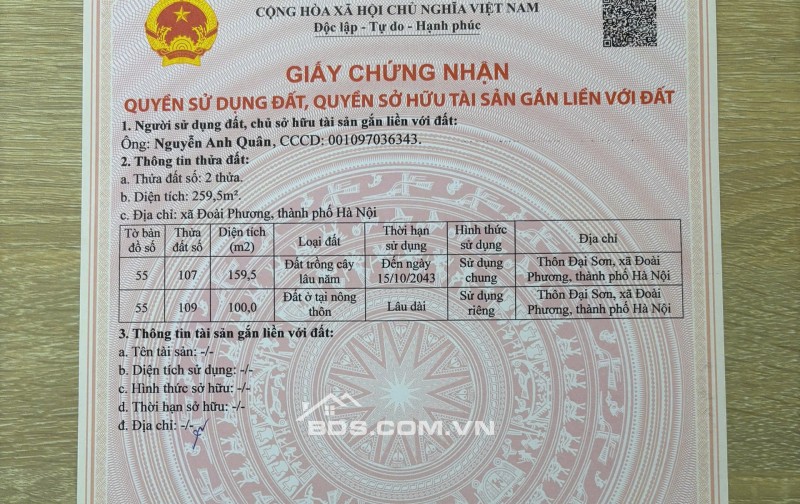 MẢNH ĐẤT VÀNG GIÁ F0 TẠI SƠN ĐÔNG, SƠN TÂY, HÀ NỘI. 100m2 full thổ, mặt tiền 6,8m