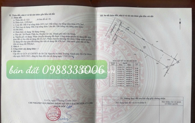 BÁN ĐẤT MT ĐƯỜNG BẦU GIÃ, CỦ CHI - DT 1.529,4M2 - SHR - 17TR/M2. LH:0988333006.