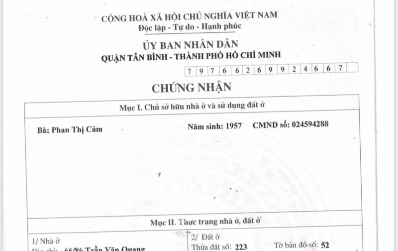 Bán nhà hẻm 66 Trần Văn Quang - Giá 2.5 tỷ - Công chứng liền tay