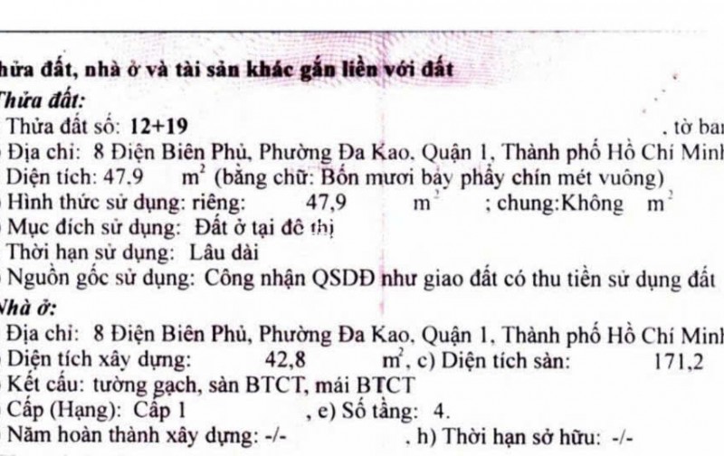 Bán 2 căn đối diện 47.9m2 SHR hẻm Điện Biên Phủ Q1 cách MT vài bước chân