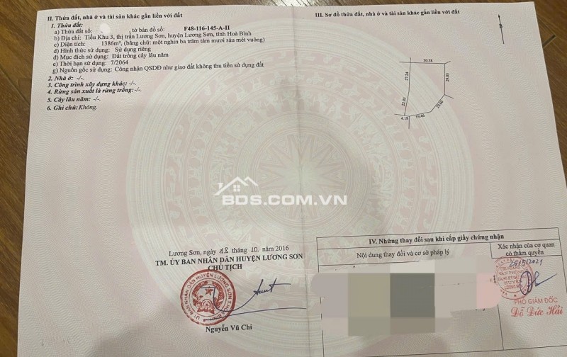Cơ hội sở hữu lô đất nằm ngay TT thị trấn Lương Sơn giá chỉ hơn 1tr/m