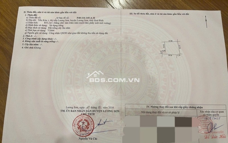 Cơ hội sở hữu lô đất nằm ngay TT thị trấn Lương Sơn giá chỉ hơn 1tr/m