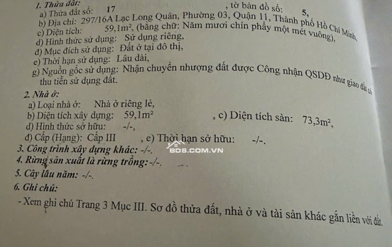 NHÀ QUẬN 11 LIỀN KỀ CÁC QUẬN KHÁC, AN NINH AN TOÀN. 5 TỶ 59.1 M2. LH:0903067772.
