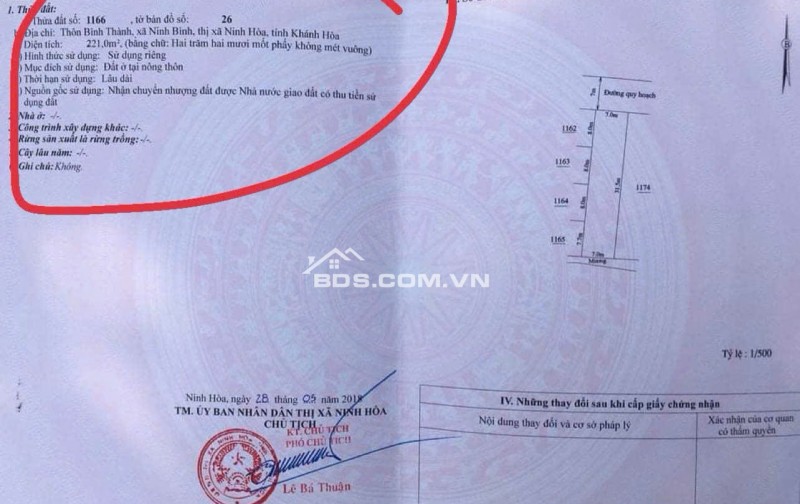 BÁN ĐẤT THỔ CƯ 221M² NINH HÒA – SỔ ĐỎ CHÍNH CHỦ – ĐƯỜNG RỘNG 7M CHỈ 2.65 TỶ