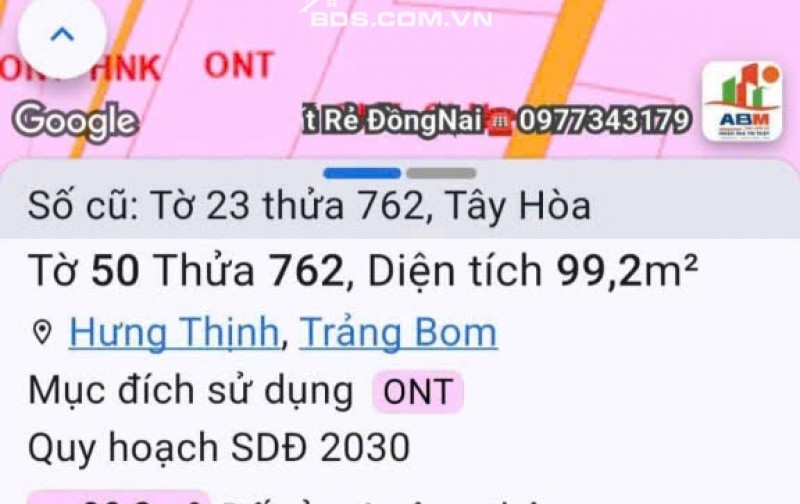 BÁN ĐẤT TÂY HOÀ, TRẢNG BOM, ĐỒNG NAI, DT 99,2 M2  - SHR – CHỈ 850TR. LH:0989508220.