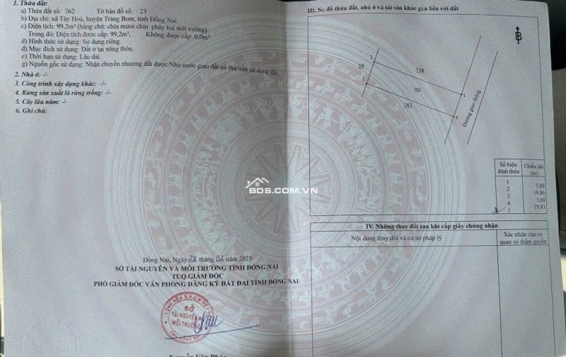 BÁN ĐẤT TÂY HOÀ, TRẢNG BOM, ĐỒNG NAI, DT 99,2 M2  - SHR – CHỈ 850TR. LH:0989508220.