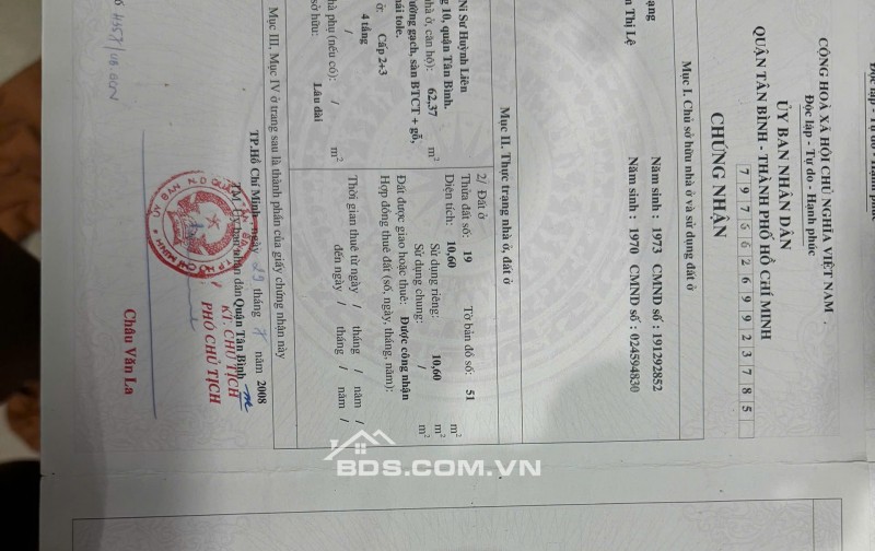 BÁN NHÀ TẠI PHƯỜNG 10, TÂN BÌNH – DT 47,6 M2 – SẴN SỔ HỒNG - CHỈ 6T450TR. LH:0793547979.