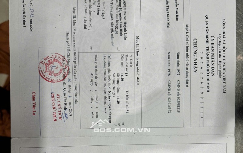 BÁN NHÀ TẠI PHƯỜNG 10, TÂN BÌNH – DT 47,6 M2 – SẴN SỔ HỒNG - CHỈ 6T450TR. LH:0793547979.