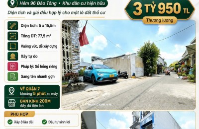 3 tỷ 950 CÓ NGAY LÔ ĐẤT HẺM XE HƠI 8m 5.5x15