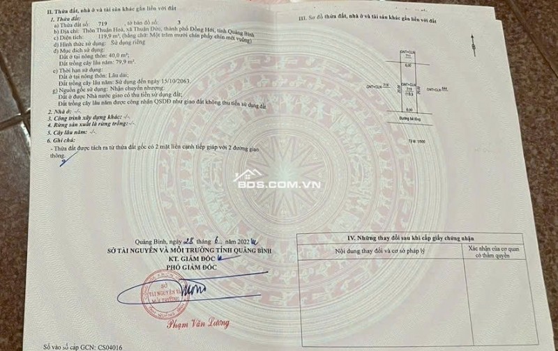BÁN ĐẤT TP ĐỒNG HỚI, TỈNH QUẢNG BÌNH, SỔ HỒNG RIÊNG, CHỈ 500TR/LÔ. LH:0945576667