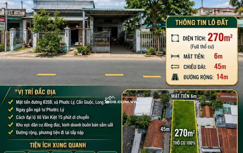 Siêu phẩm đất mặt tiền 835B, xã Phước Lý, Cần Giuộc, Long An, DT 270m2, giá đầu tư