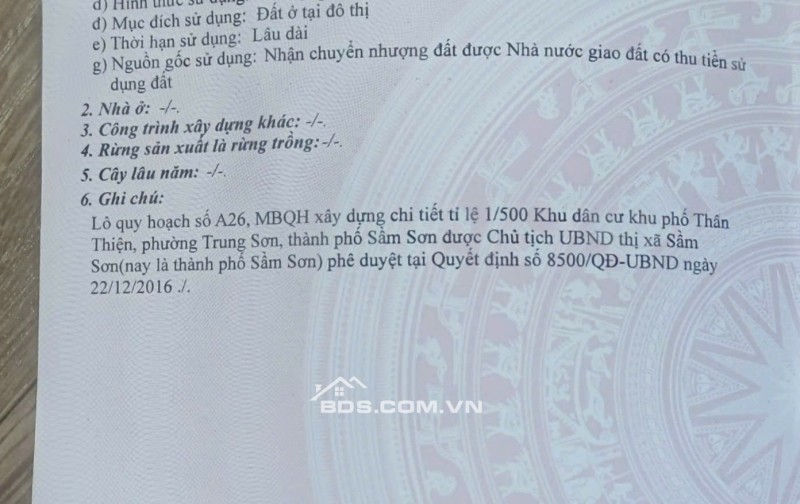 BÁN ĐẤT LÔ 2 ĐƯỜNG NGÔ QUYỀN, PHƯỜNG TRUNG SƠN, SẦM SƠN , THANH HÓA