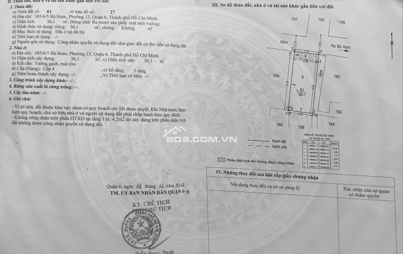 Chính Chủ Bán nhà Riêng Bà hom Quận 6 36m2 TPHCM giá 4.2 tỷ
