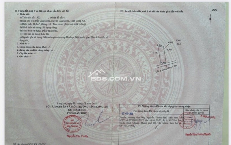Đất Chính Chủ Cạnh Công Viên TT Cần Đước- giá chỉ 650tr