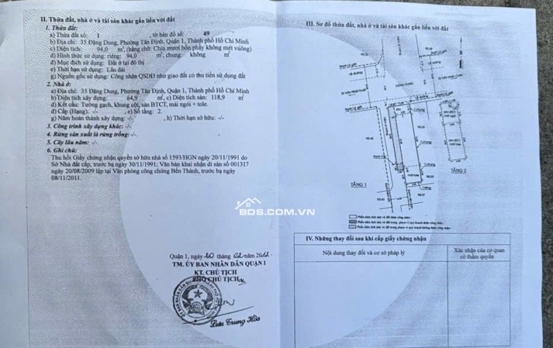 BÁN NHÀ MT SỐ 35 ĐẶNG DUNG PHƯỜNG TÂN ĐỊNH QUẬN 1 (94M2 SHR 33 TỶ) LH:0938627299.
