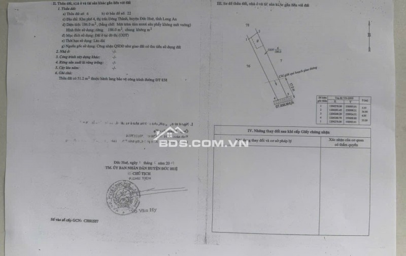 BÁN ĐẤT XÃ ĐỨC HUỆ - TÂY NINH MỚI. DT 10x80 SẴN SHR 4.5 TỶ. LH:0902414014