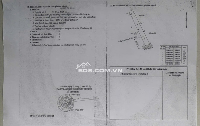 BÁN ĐẤT XÃ ĐỨC HUỆ - TÂY NINH MỚI. DT 10x80 SẴN SHR 4.5 TỶ. LH:0902414014