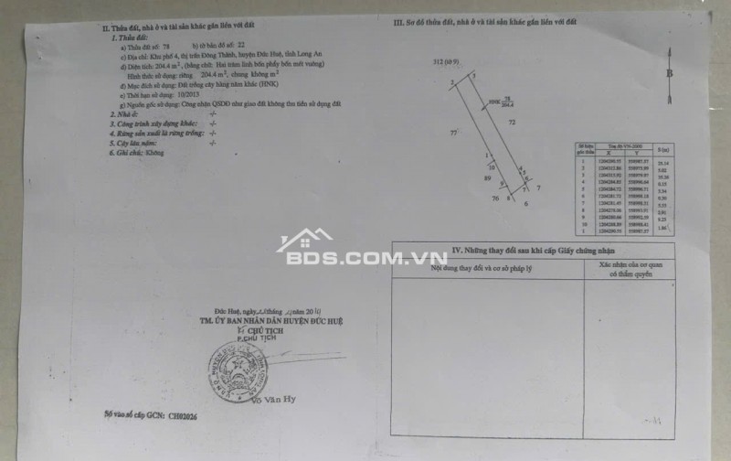 BÁN ĐẤT XÃ ĐỨC HUỆ - TÂY NINH MỚI. DT 10x80 SẴN SHR 4.5 TỶ. LH:0902414014
