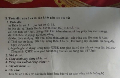 BÁN ĐẤT XÃ BÌNH ĐẠI, VĨNH LONG, DT 857,7M2 SHR CHỈ 3.5 TỶ. LH:0822926269