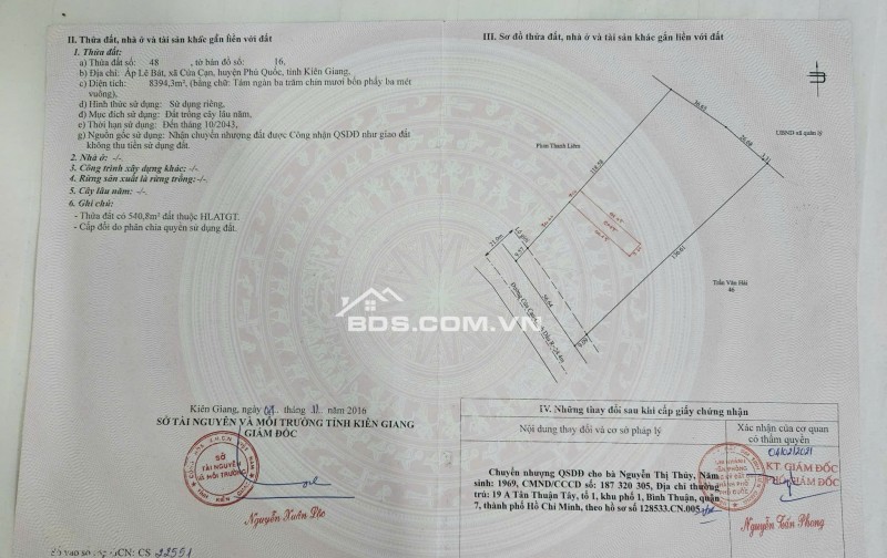BÁN ĐẤT PHÚ QUỐC, TỈNH KIÊN GIANG – DT 8394,3 M2 - SHR – 18TR/M2. LH:0903464999