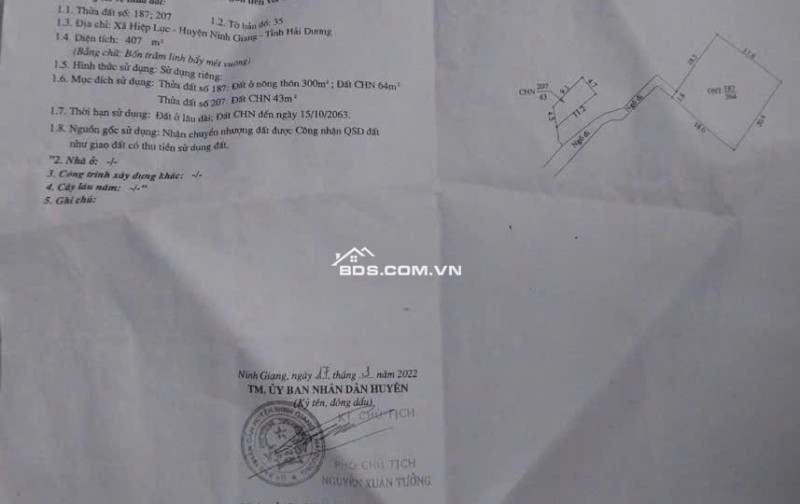 BÁN ĐẤT HUYỆN NINH GIANG, HẢI DƯƠNG, DT 407M2 - SỔ ĐỎ - 1.6 TỶ. LH:0375740010