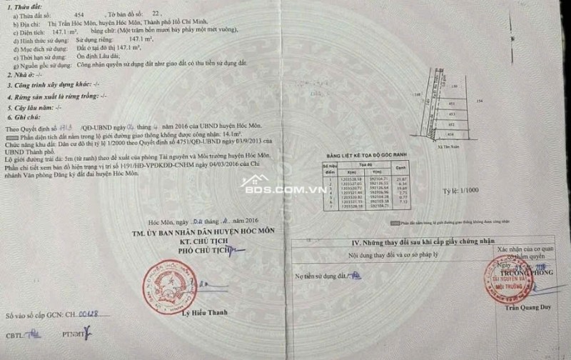 Bán đất thổ cư 147.1m2 hẻm xe hơi ngay thị trấn Hóc Môn