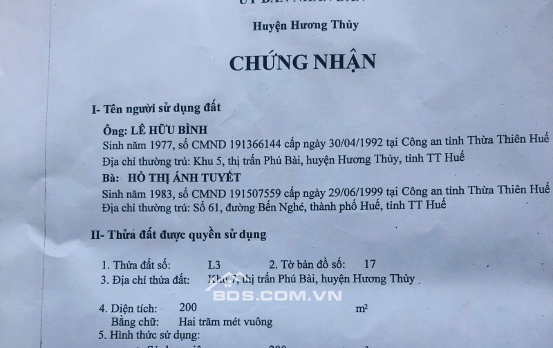 Bán đất thổ cư tại 31 Ngô Đăng Sở, P.Phú Bài, Hương Thuỷ, TP Huế.