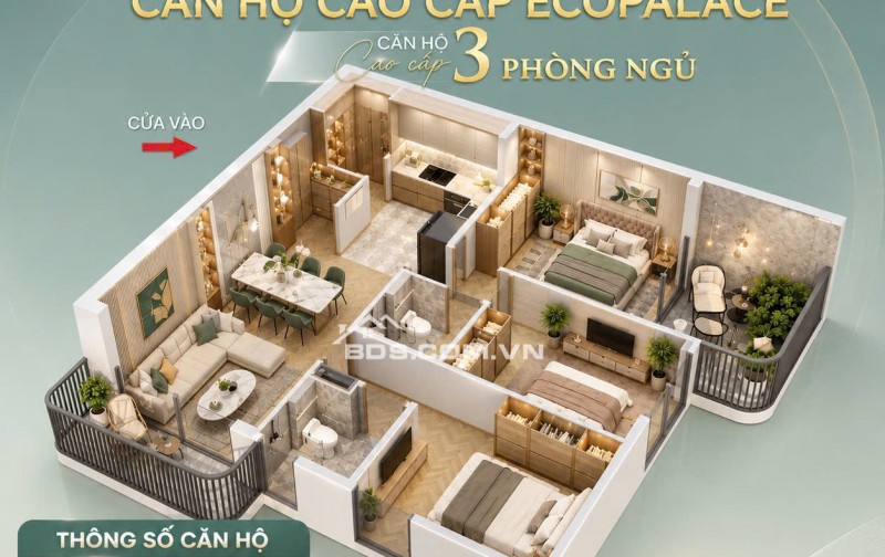 Căn hộ Ecopalace BMT - ECO 3015, căn góc 3 PN tầng cao, 85,3m2, 2 ban công, 2 view
