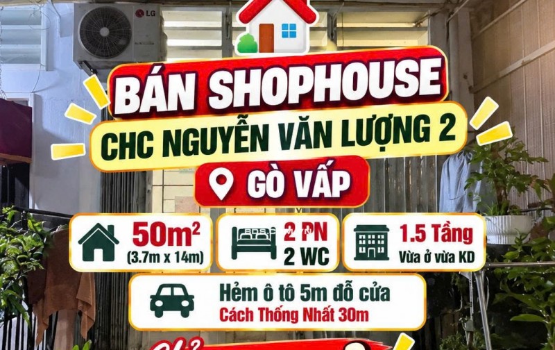 Bán Shophouse trệt CC Nguyễn Văn Lượng 2 ,Gò Vấp 50m2, hẻm 5m chỉ 3tỷ