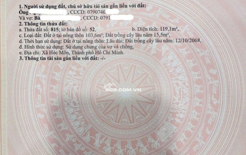 CHÍNH CHỦ CÂN BÁN LÔ ĐẤT SHR 119M2 - ẤP THỚI TÂY 2 - XÃ TÂN HIỆP - HUYỆN HÓC MÔN - TP.HCM